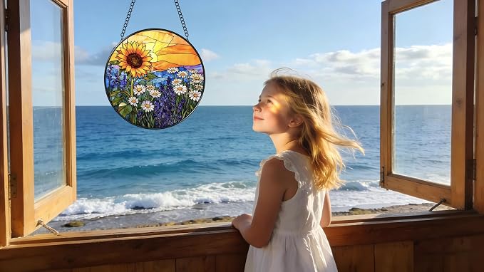 Stained Glass Window Hanging - Sunflowers, Daisies, Lavender and Sunset 6.3 Inches Suncatcher for Garden Home Decor for Women Mom Grandma Friends