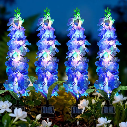 MRHEPHAESTUS Solar Garden Lights, Solar Blue Delphinium Flowers Lights 4 Pack 80 LEDs, Waterproof Outdoor Light Two Lighting Modes for Outside Wedding Party Garden Yard Patio Lawn Decor