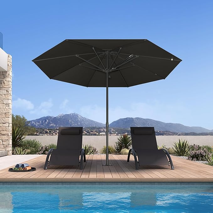 PURPLE LEAF 11Ft Round Semi-Auto Outdoor Patio Umbrella Aluminium Market Umbrella Table Sun Umbrella with 1.89" Rod and 8 Sturdy Ribs for Deck Lawn Pool Garden, Gray