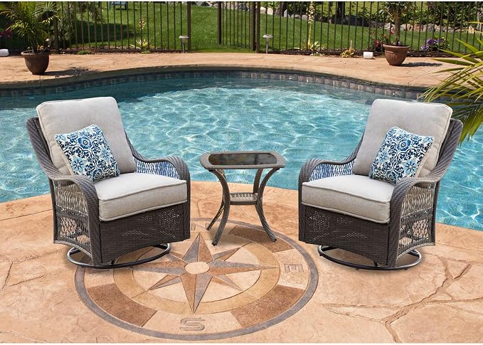 Hanover Orleans 3-Piece Patio Conversation Set with 2 Gray Weather Resistant Wicker Swivel Rockers, Navy Blue Water Resistant Cushions, and Glass Top Square Table, Outdoor Bistro Set 3-Piece