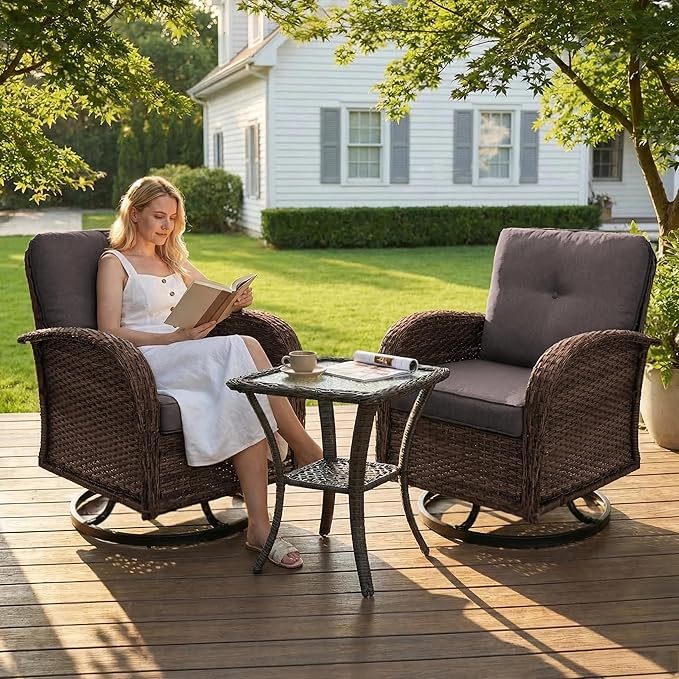 SHGJ&SOFT 3 Piece Patio Furniture Set, 2 Outdoor Swivel Rocking Chairs with Side Table, Wicker Glider Chairs, All-Weather Rattan Bistro Set for Porch, Deck, Pool (Grey, Brown Full-Weave Rattan)