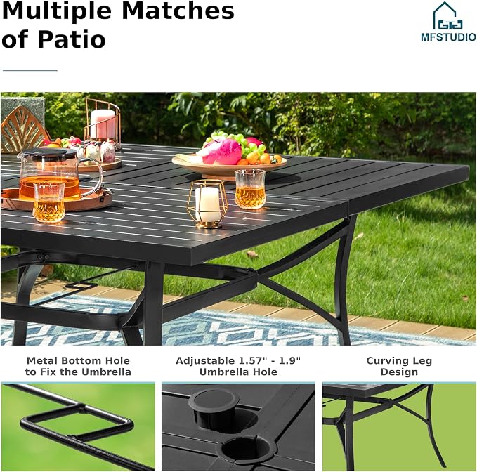 MFSTUDIO 9 Piece Outdoor Dining Set, Metal Table & Aluminum Chairs, Blue | Stackbale chairs, Light-weight & space-saving, Square Table, Umbrella Hole, Patio deck, 8 person