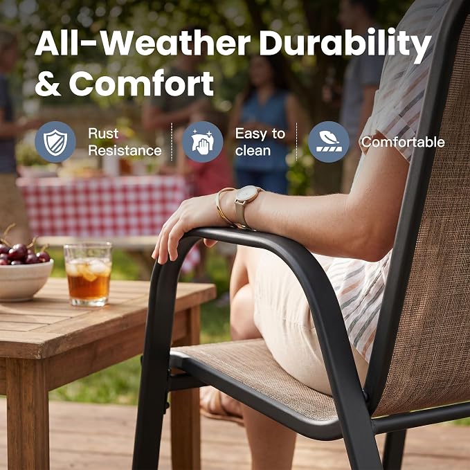 VICLLAX Patio Dining Set for 4, All Weather 5-Piece Patio Set-37.8" Square Outdoor Table and 4 Stackable Chairs for Lawn Garden and Backyard,Walnut Tabletop
