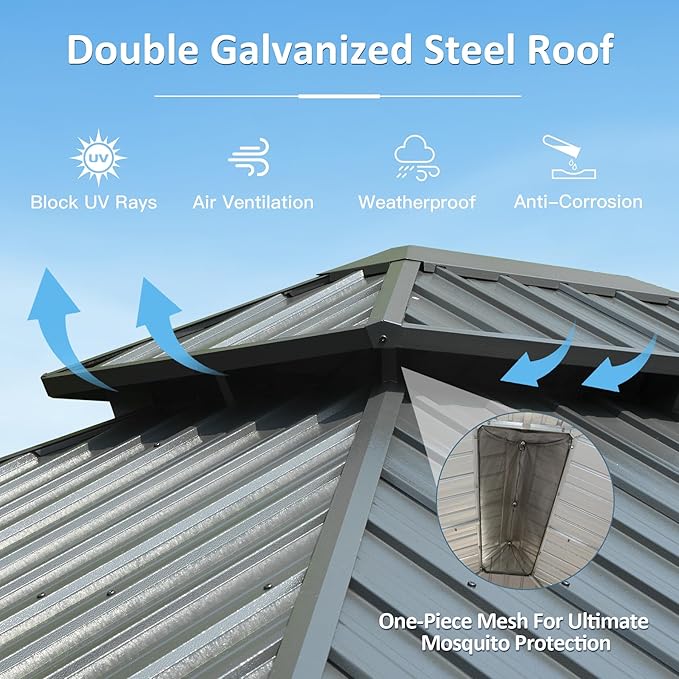Domi 12' X 20' Hardtop Gazebo, Upgraded Metal Gazebo with Drainage System, Dual-Layer Galvanized Steel RoofCurtain and Netting, Outdoor Shelter Canopy for Patio, Garden, and Backyard, Grey