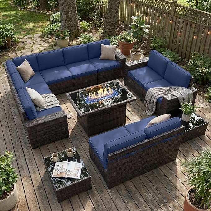 LayinSun 13 Pieces Outdoor Patio Furniture Set with 44" Fire Pit Table Brown Rattan Sectional Sofa Conversation Sets