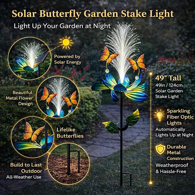 Solar Wind Spinner Outdoor, 49" Lotus Flower & Butterfly Metal Wind Spinner with Color-Changing Fiber Optic Solar Lights, Kinetic Garden Windmill Yard Art for Lawn Patio Pathway Decor