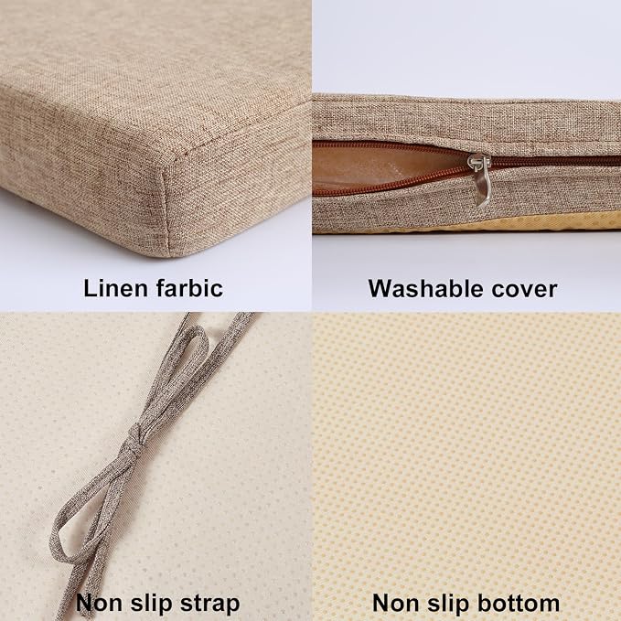 32x12 Inch Piano Bench Cushion w/ Washable Cover for Indoor Furniture,Khaki | Non slip high density foam bench seat cushion for kitchen dining room,shoe storage, entry way,window, settee