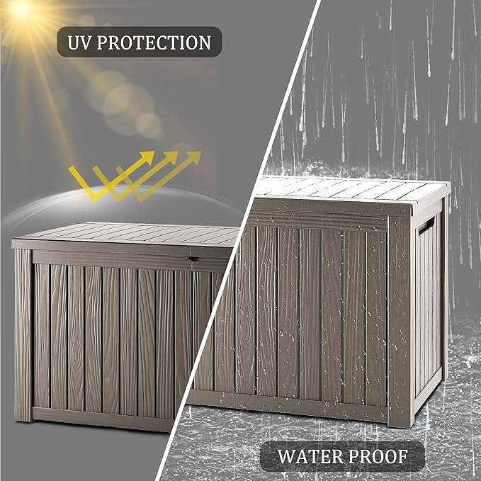 230 Gallon Outdoor Storage Box, Waterproof Resin Deck Container with Lockable Lid, Patio Organizer for Cushions & Garden Tools, Grey