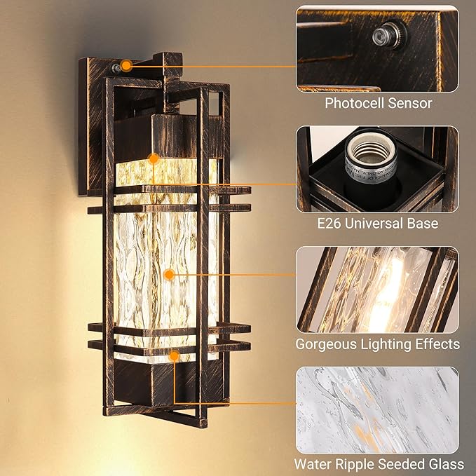 WIHTU 15'' Dusk to Dawn Outdoor Wall Lantern, Porch Light, Gold-Swept Black | Rustproof Metal Frame, Water Ripple Glass, T30 Bulb Included, E26 Bulb,2700K Warm Light, Patio Light for Front Door