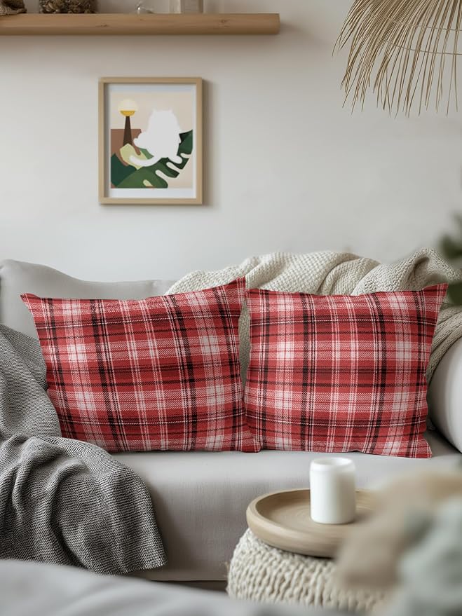 Waterproof Outdoor Pillow Set of 2 Red Checked Plaid Decorative Throw Pillows Cover & Insert 18x18 Inch Pillowcase Stripes Woven Grid Square Pillows for Couch Sofa Bed Patio Furniture Indoor Outdoor