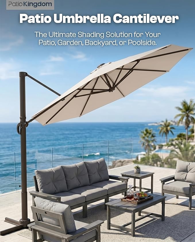 9 FT Round Cantilever Umbrella,Easy Tilt, Fade Resistant & 360° Rotation, Offset for Pool Deck Backyard Patiobeige (Base not Included)