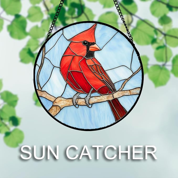 Stained Glass Window Hanging Cardinal Birds 9.8" - Suncatcher Door Garden Sun Catcher Home Decor Christmas Birthday for Bird Lovers Woman Her Nana Wife Men Mom