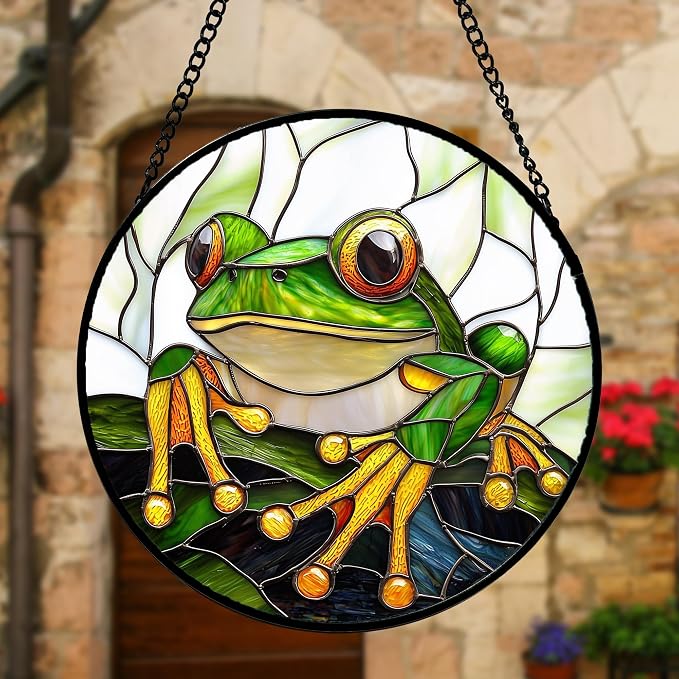 DASTOLL Stained Glass Window Hanging, Green Frog White Petals Sun Catchers Colorful Glass Panel Cute Suncatcher Decor for Birthday for Women, Men, Wife, Aunt, and Mom 7.8 in