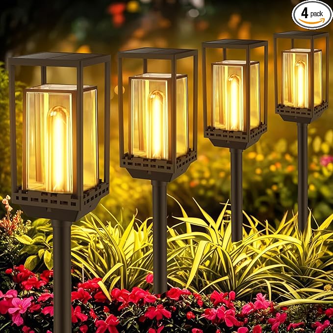 4 Pack Solar Pathway Lights Outdoor,IP65 Waterproof - Bright Outdoor Solar Lights for Yard,Auto On/Off Pathway Lights Solar Powered,Solar Path Lights for Walkway Driveway Garden