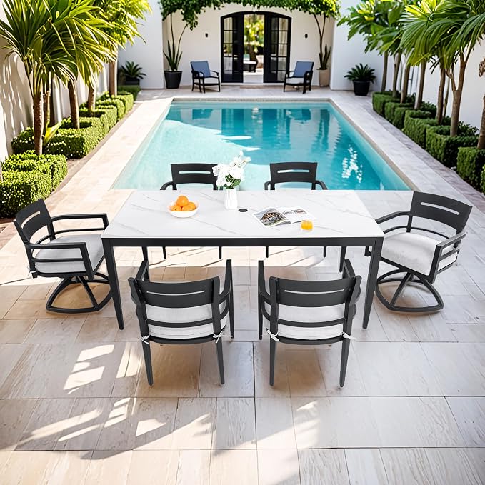 7PC Aluminum Outdoor Patio Dining Set, 71" Rectangular Dining Table with White Marble Sintered Stone Top, 4 Chairs & 2 Cushioned Swivel Rockers, All-Weather Patio Furniture
