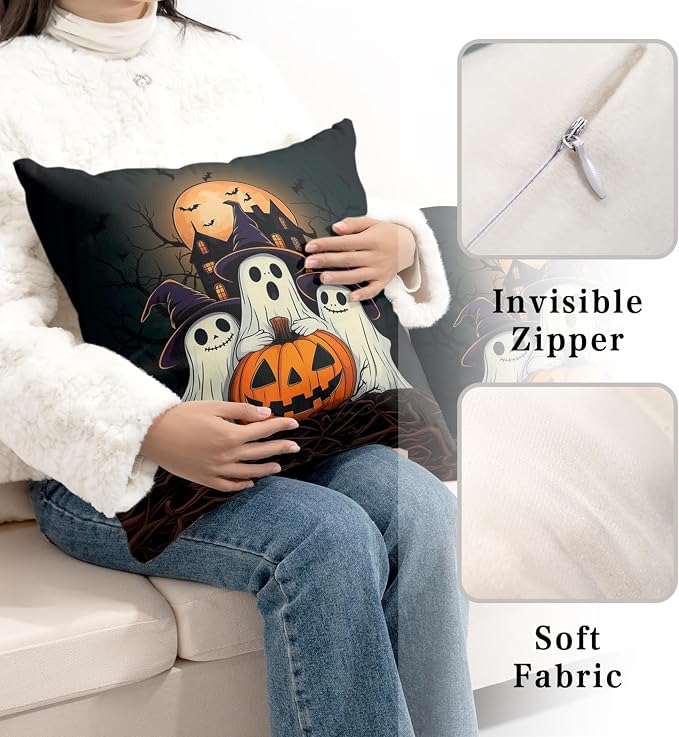 Set of 2 Halloween Pillow Covers 22x22 Ghost Throw Pillow Covers Full Moon Night Castle Bat Pillow Case Jack-O-Lantern Cushion Case for Holiday Party Decor Couch Sofa