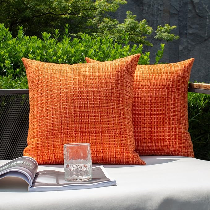 Kevin Textile Outdoor Waterproof 16x16 Inch Pillow Covers 2 Pack, Orange | Water Resistant, Faux Linen Yarn-dyed, Woven Texture Throw Pillow Covers for Tent Patio Garden Couch Sofa