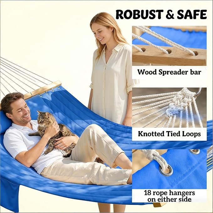 Outdoor Double Hammock with Hardwood Spreader Bars, 440 lb Capacity Patio Hammock, for Patio, Backyard, Porch, Camping & Garden, 128” x 55” (Navy Blue)