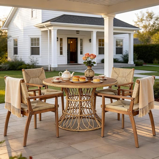 Merax 5-Piece Outdoor Dining Set, 47.24'' Round Acacia Wood Table & 4 Wicker Armchairs, Patio Furniture Set for Garden Balcony Deck, Teak Finish