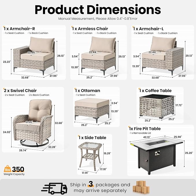 ovios 9-Piece Patio Furniture Set with L-Shape Sofa Chaise, Outdoor Sectional Couch Swivel Gliders Fire Pit Table Solar Table, Modern Modular Wicker Rattan Conversation Set, Beige