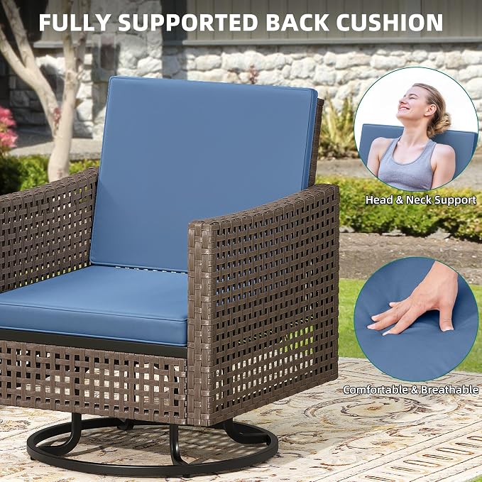 YITAHOME 3 Pieces Swivel Patio Set w/2.8" Thickened Cushions, All Weather Wicker Patio Furniture Set w/Patio Rocking Chairs & Rattan Side Table for Backyard Deck Poolside, Blue