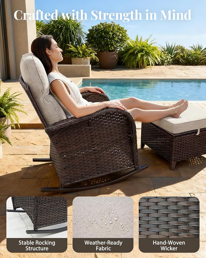 Luxury Patio Furniture Set, High Back Outdoor Rocking Chairs with 6" Thick Cushions and Table, 3 Pieces All Weather Bistro Conversation Set for Porch Deck Balcony Yard (Beige)