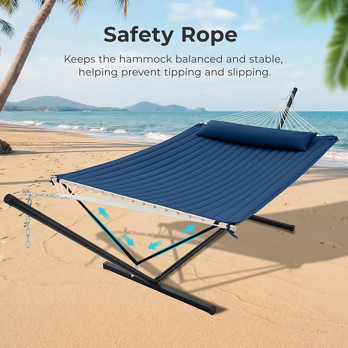 SUPERJARE 12ft Double Hammock with Stand, Rope Hammock for 2 Person, Detachable Hammock Bed and Pillow, Portable, Anti-Tip Safety Ropes, Carry Bag, Outdoor Backyard Patio Camping, Navy Blue