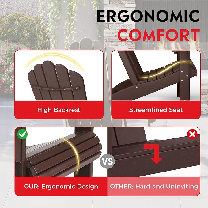 Costaelm Lakeview 2-Piece Outdoor Patio HDPE Adirondack Chair with Ottoman and Cup Holder Set, Dark Brown