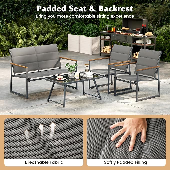 HAPPYGRILL 4-Piece Patio Furniture Set, Modern Sectional Sofa Set w/Fabric Seats, Wood-Plastic Armrests, Tempered Glass Coffee Table, Outdoor Conversation Set for Backyard Balcony Garden Porch (1)