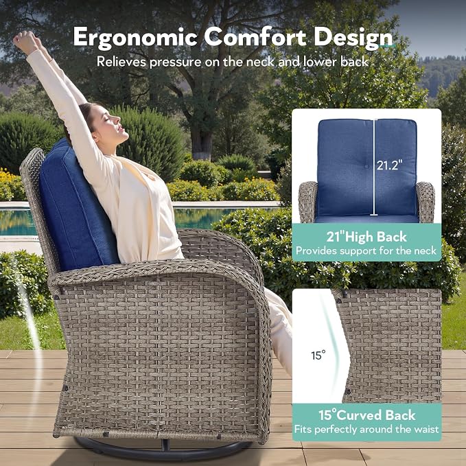 7 Piece Patio Furniture Set - Wicker Patio Conversation Set with Swivel Glider, 3 Seat Sofa, 2 Ottomans, Glass Side Table and Coffee Table for Deck Backyard - Grey Wicker Blue Cushion