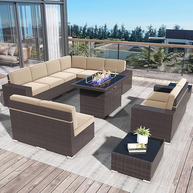 13 Pieces Patio Furniture Set with 44" Propane Gas Fire Pit Table, Outdoor Sectional Brown Rattan Wicker Conversation Sofa Sets with Coffee Table
