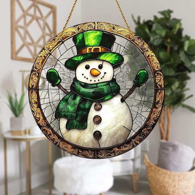 8x8 inch Charming Christmas Snowman Acrylic Stained Glass Window Hanging Sun Catcher Decor Stained Panel Hangings Wall Art Decor, for Friends and Family (Snowman)