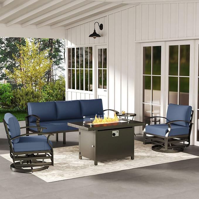ALAULM Aluminum Patio Furniture Set with Propane Fire Pit Table 5-seat Metal Outdoor Furniture w/Fire Pit Patio Sectional Sofas w/5.1" Cushions for Patio, Backyard, Poolside-Dark Blue
