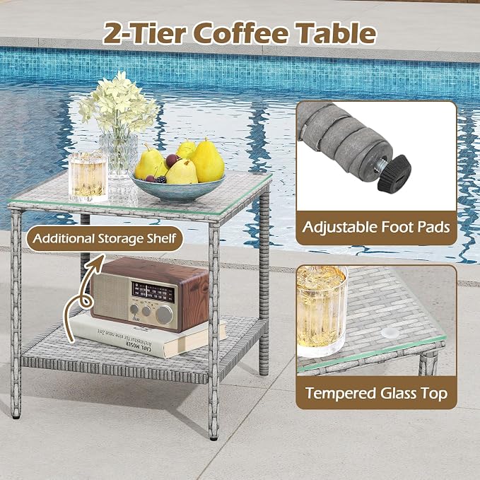 Tangkula 3 Pieces Patio Furniture Set, PE Rattan Outdoor Cushioned Conversation Chairs with 2-Tier Tempered Glass Tabletop Table, for Balcony, Garden and Poolside