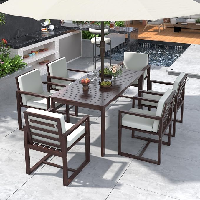 VilroCaz Patio Dining Set Outdoor Dining Table and Chair Set, Acacia Wood All Weather 7 Pieces Dining Gathering Set with Removable Cushions for Patio, Backyard, Garden