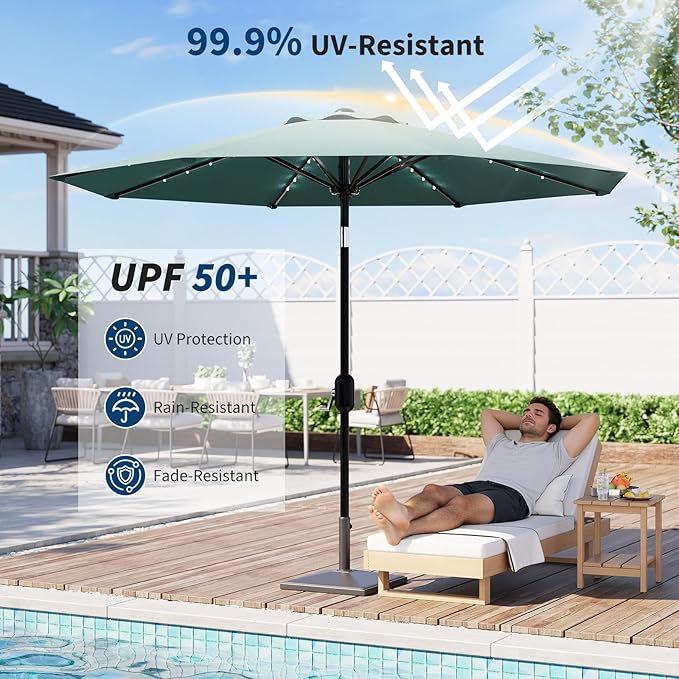 Garvee 9/10 FT Solar Patio Umbrella with 32 LED Lights - Outdoor Table Umbrella with Crank Lift, Push Button Tilt and 8 Sturdy Ribs - Market Umbrella UV Protection for Pool, Deck, Yard, Garden