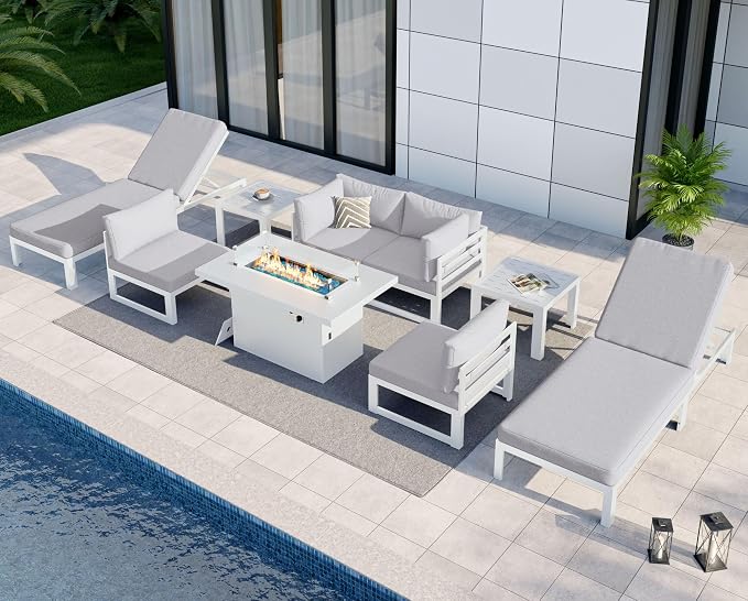 NICESOUL 9 Pcs Oversized Aluminum Patio Furniture Set, 500 lbs Heavy Duty Outdoor Sectional Sofa with Lounge Chair & Fire Pit Table, 29" Deep Wide Seating Conversation Couch for Poolside, Light Gray