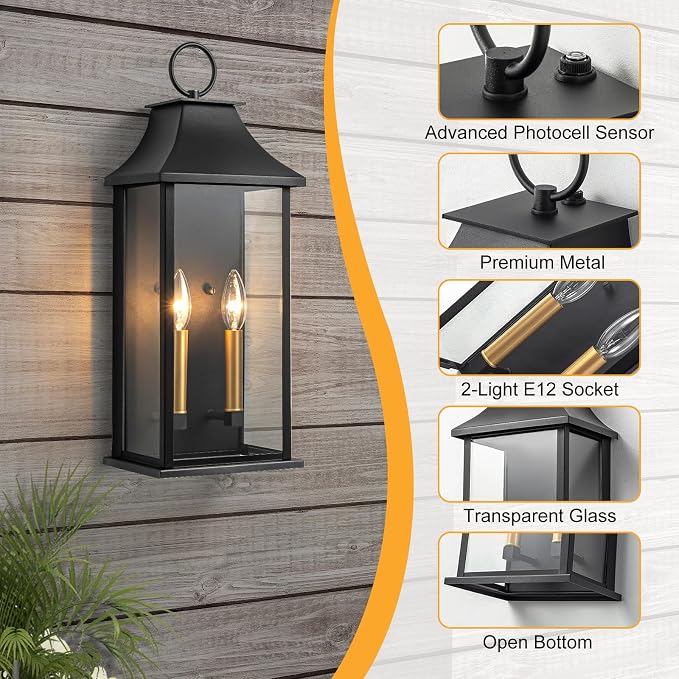 Dusk to Dawn Outdoor Wall Lantern, Black Exterior Light, 20.6" | Large Outside Wall Sconce, Modern Wall Light Fixture with Glass, Waterproof Exterior Lamp for House, Porch, Garage