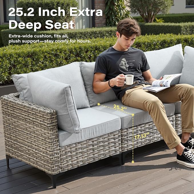 8 Pieces Outdoor Sectional Patio Furniture Set with Swivel Rocking Chairs,Conversation Sets Rattan Wicker L Shaped Couch,Modular Outdoor Sofa for Porch Balcony Backyard Grey