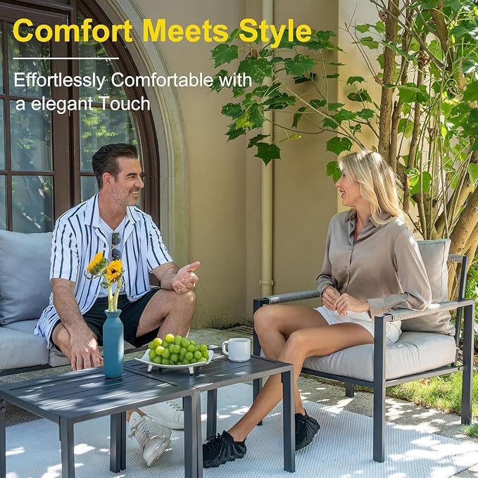 Sundale Outdoor 5 Pieces Patio Furniture Set, All-Weather Metal Outdoor Conversation Set with 6 Inch Cushions and Coffee Tables, Outdoor Furniture Set for Backyard, Balcony, Poolside, Light Grey