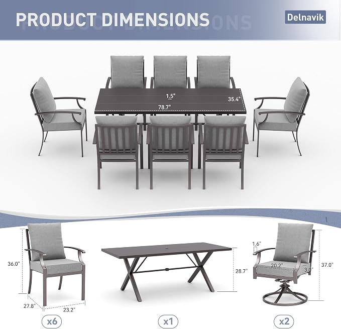 Kurapika 9 Pieces Patio Dining Set Outdoor Furniture with 8 Fixed Chairs, Metal Patio Furniture Set 8 Chairs and Large Table with Umbrella Cutout for Yard Porch, Grey