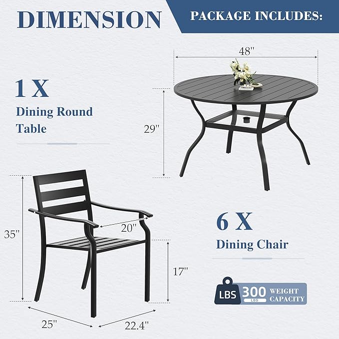 HOMREST 7 Piece Outdoor Patio Dining Set for 6, 48" Round Metal Table with Umbrella Hole and Storage Shelf, Stackable Wrought Iron Chairs, Large Patio Furniture Set for Deck/Backyard/Poolside/Garden