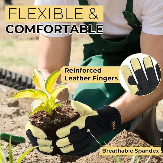 HANDLANDY Leather Gardening Gloves, Leather Work Gloves for Men Women | Durable Utility Men Women Garden Yard Working Glove, for Landscaping, Mechanic, Construction, Driving, Farming, Ranching