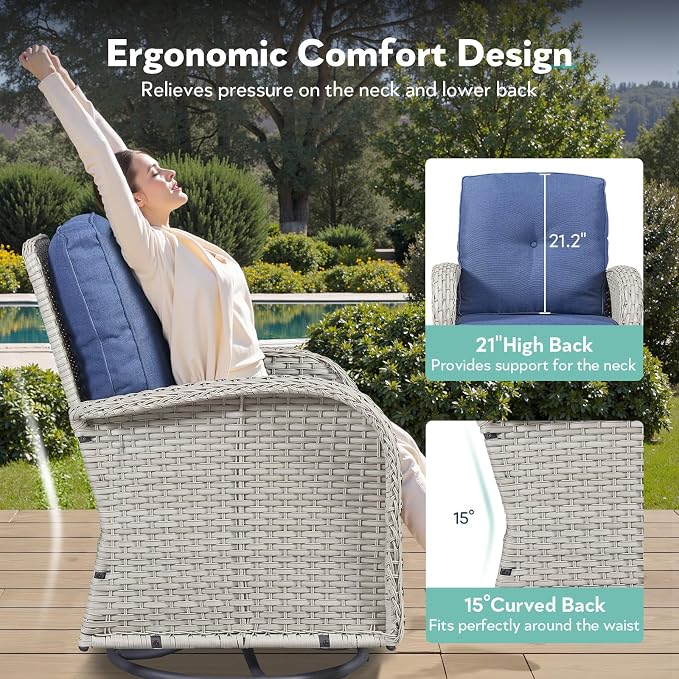 Outdoor Swivel Glider Rocker Chair Set of 4 - Wicker Patio Furniture Set All Weather Conversation Set with 2 Tempered Glass Side Table for Deck Backyard - Light Beige Wicker Blue Cushion