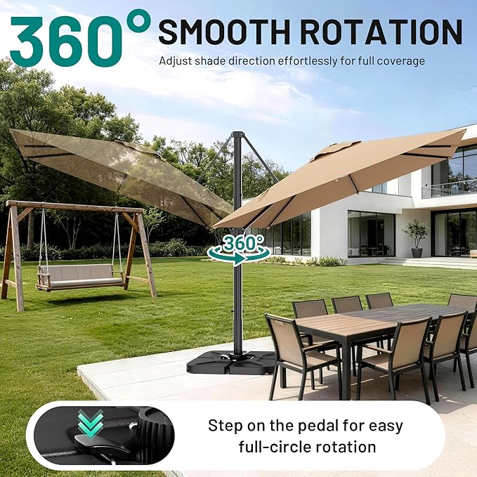 AreShark 10 X 10 FT Cantilever Patio Umbrella, 360-Degree Rotation Square Hanging Offset Umbrella with Crank, Heavy Duty Patio Umbrella for Patio, Pool, Garden, Deck, Beige