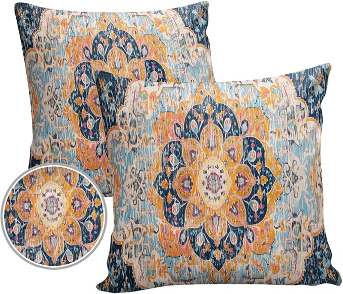 Outdoor Waterproof Pillow Covers Set of 2, Meddle Century Vintage Blue Carpet Mural Pattern Patio Throw Pillow Covers, Decorative Cushion Case for Couch Sofa Furniture Garden, 24x24 Inch