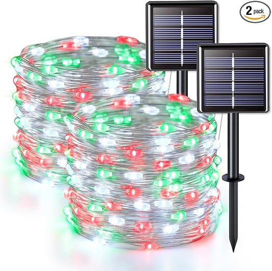 JMEXSUSS 2 Pack Solar Fairy Lights, Each 33FT 100 LED, Red White and Green | Outdoor Waterproof, 8 Modes Solar String Lights for Outside Garden Yard Patio Christmas Decorations