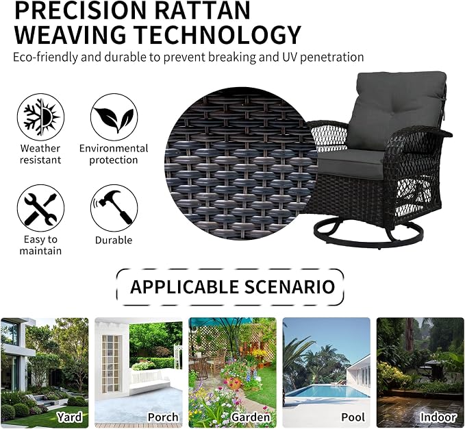 SHGJ&SOFT 3 Piece Patio Furniture Set, 2 Outdoor Swivel Rocking Chairs with Side Table, Wicker Glider Chairs, All-Weather Rattan Bistro Set for Porch, Deck, Pool (Grey, Brown Open-Weave Rattan)