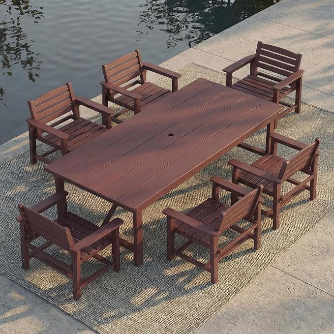 Outdoor HDPE Dining Set 7 Pieces, Patio Table with Umbrella Hole and 6 Chairs, All Weather Patio Furniture for Lawn, Garden, Backyard, Deck, Poolside, Outdoor Dining Table and Chairs, Coffee