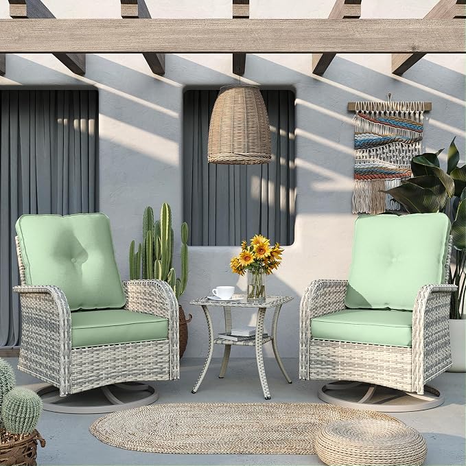 9-Piece Patio Rocking Swivel Chair Outdoor Wicker Rattan Bistro Set with Tempered Glass Side Table, Outdoor Patio Furniture Set for Garden, Deck, and Balcony, Light Green